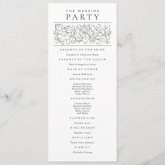 Formele scrollen bladeren zwart-wit bruiloft programmakaart (Achterkant)