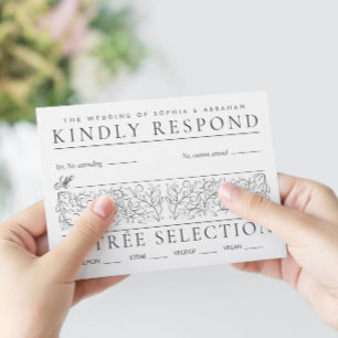Formele scrollen bladeren zwart-wit bruiloft RSVP kaartje