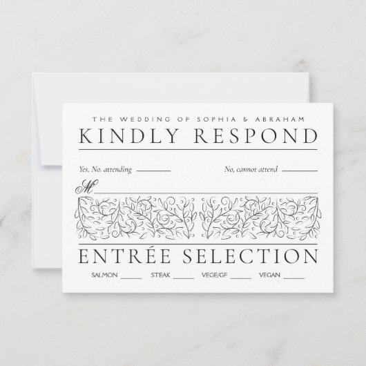 Formele scrollen bladeren zwart-wit bruiloft RSVP kaartje (Voorkant)