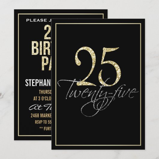 Formele Silver Black en Gold 25th Birthday Party Kaart (Voorkant / Achterkant)