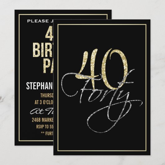 Formele Silver Black en Gold 40th Birthday Party Kaart (Voorkant / Achterkant)