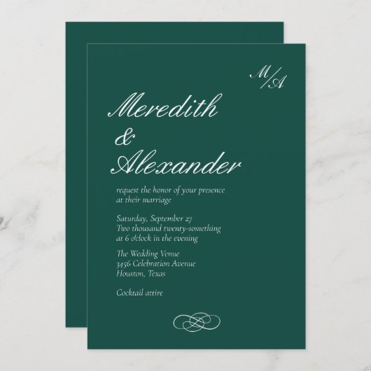 Formele Smaragd Groene Huwelijksuitnodiging Kaart (Voorkant / Achterkant)