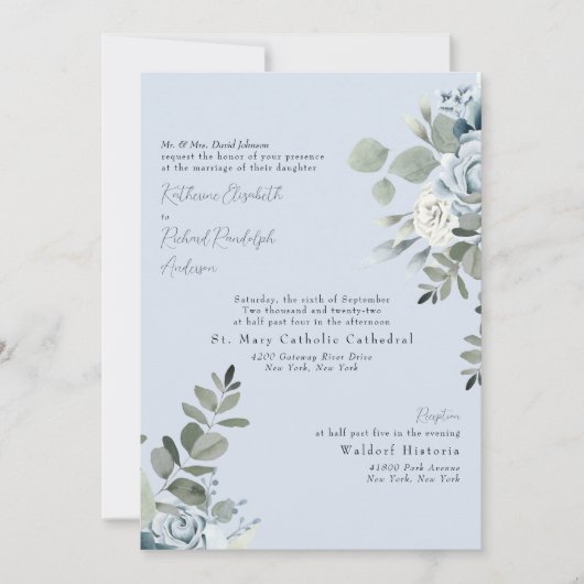 Formele Stofblauwe Bloem Bruid Ouders II Trouw Kaart (Voorkant)