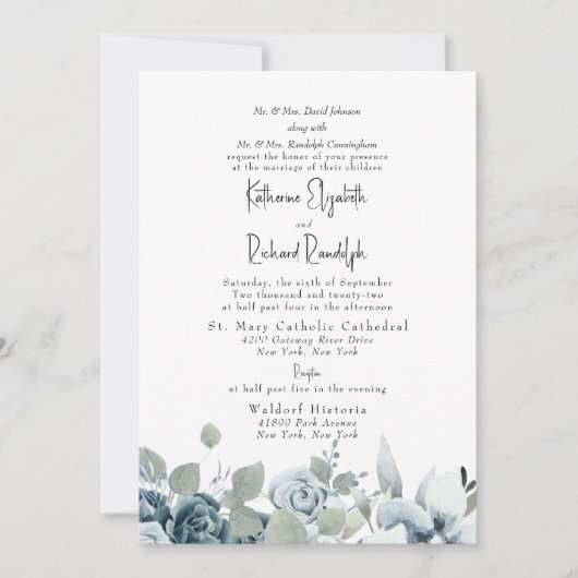 Formele Stoffige Blauwe Bloemen Elegante Bruiloft Kaart (Voorkant)