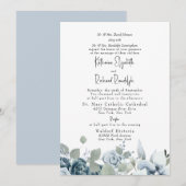 Formele Stoffige Blauwe Bloemen Elegante Bruiloft Kaart (Voorkant / Achterkant)