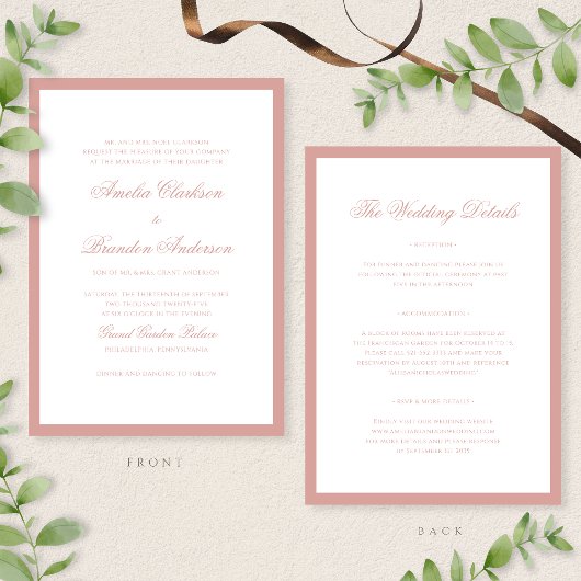 Formele stoffige roze rand script huwelijksdetails kaart