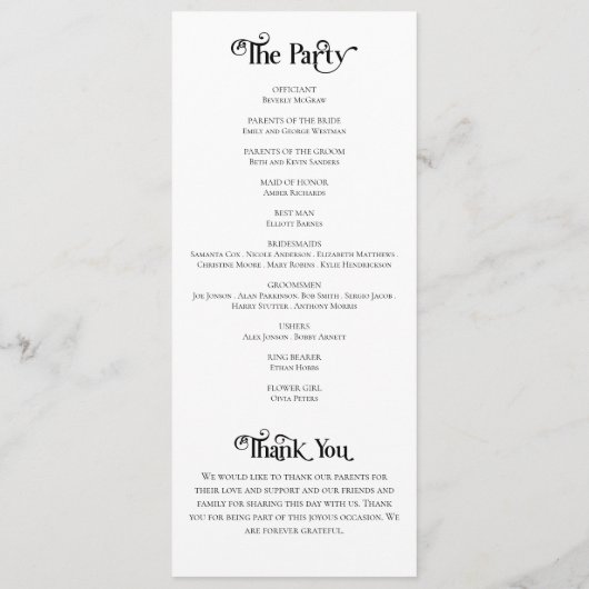 Formele Typografie Zwart Wit Huwelijksprogramma Programmakaart (Achterkant)