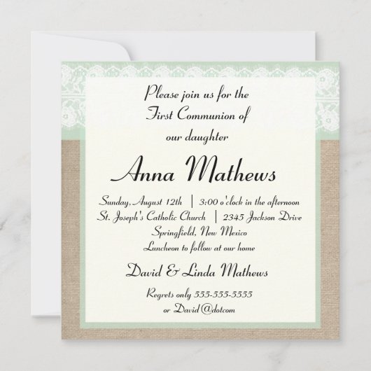 Formele uitnodiging van de Munt Burlap eerste comm (Voorkant)