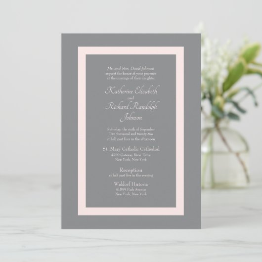 Formele uitnodiging voor grijze en roze bruiloft (Staand voorkant)