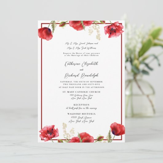 Formele uitnodiging voor Rode Floral Rood en Wit h (Staand voorkant)