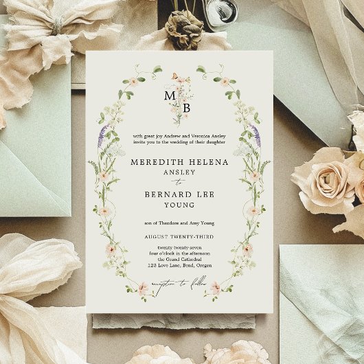 Formele Vintage Rustieke Wildbloem Monogram Huweli Kaart