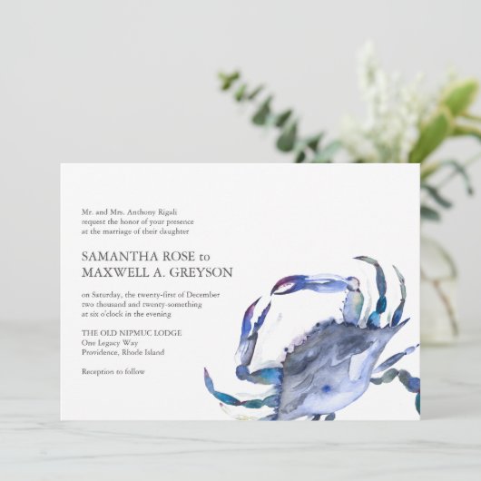 Formele Waterverf Kustkrab Bruiloft Uitnodiging (Staand voorkant)