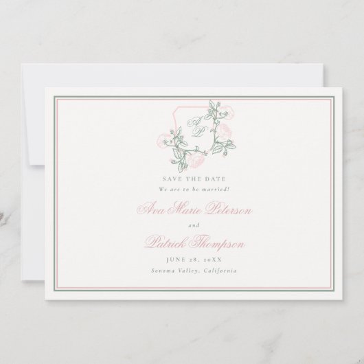 Formele Wilde Rozen Crest Preppy Roze bruiloft Save The Date (Voorkant)