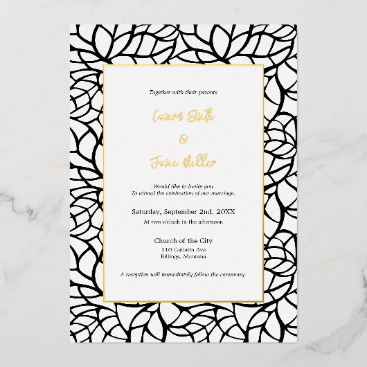 Formele Wit & Zwart Abstract Bladpatroonhuwelijk Folie Uitnodiging (Voorkant)