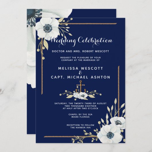 Formele Witte Anemoon Nautische Marine Huwelijk Kaart (Voorkant / Achterkant)