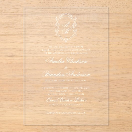 Formele Witte Bloemen Monogram Kreeft Huwelijk Acryl Uitnodigingen (Voorkant)