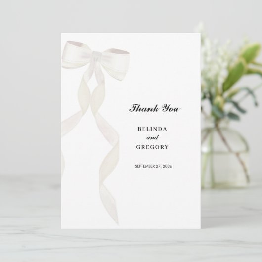 Formele witte boog lint elegante bruiloft bedankkaart (Staand voorkant)