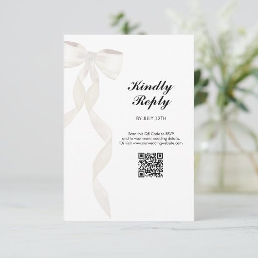 Formele witte boog lint elegante bruiloft informatiekaartje (Staand voorkant)