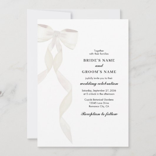 Formele witte boog lint elegante bruiloft kaart (Voorkant)