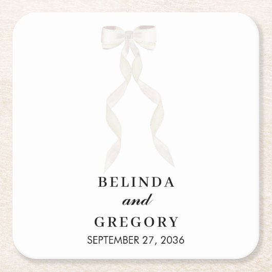 Formele witte boog lint elegante bruiloft kartonnen onderzetters (Voorkant)