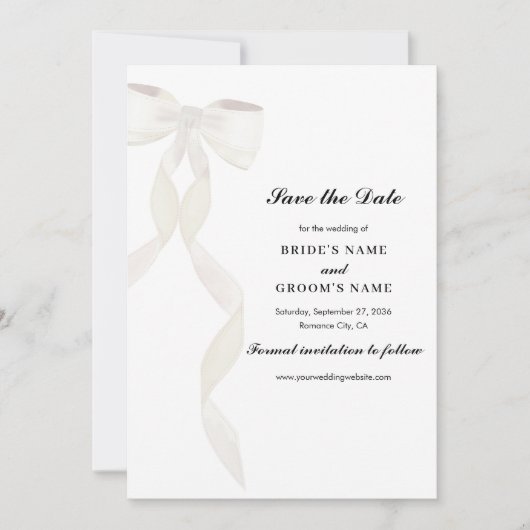 Formele witte boog lint elegante bruiloft save the date (Voorkant)