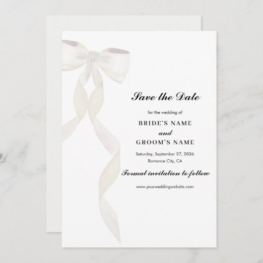 Formele witte boog lint elegante bruiloft save the date (Voorkant / Achterkant)