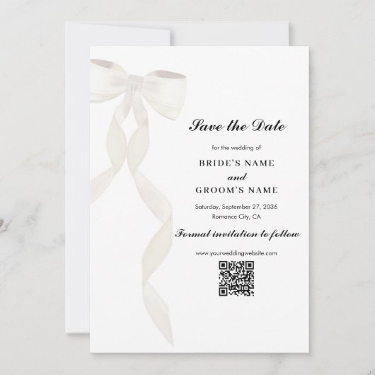 Formele witte boog lint elegante bruiloft save the date (Voorkant)