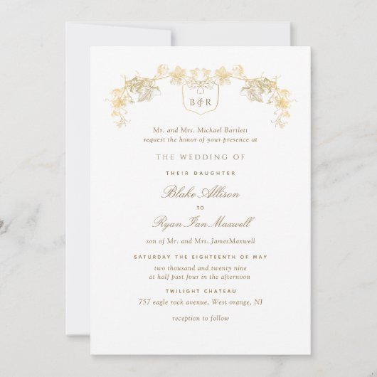 Formele witte en goudkleurige Monogram bruiloft Kaart (Voorkant)