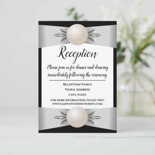 Formele witte parel lint bruiloft receptie kaart (Staand voorkant)