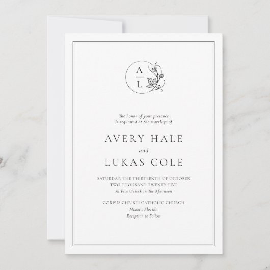 Formele witte zwarte elegante Crest bruiloft Kaart (Voorkant)