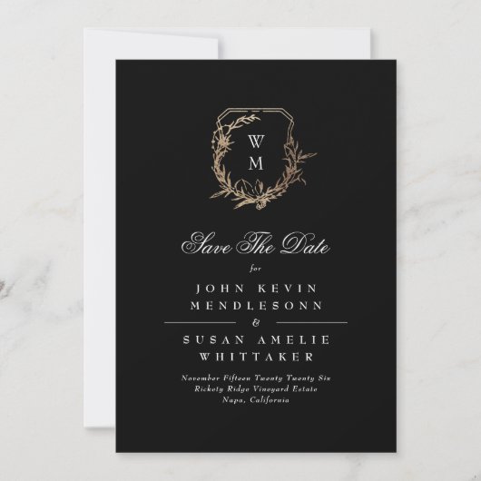 Formele witte zwarte monogram gouden kam foto save the date (Voorkant)