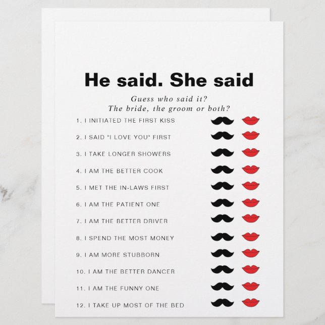 Formele zei dat ze zei dat Vrijgezellenfeest Game (Voorkant / Achterkant)