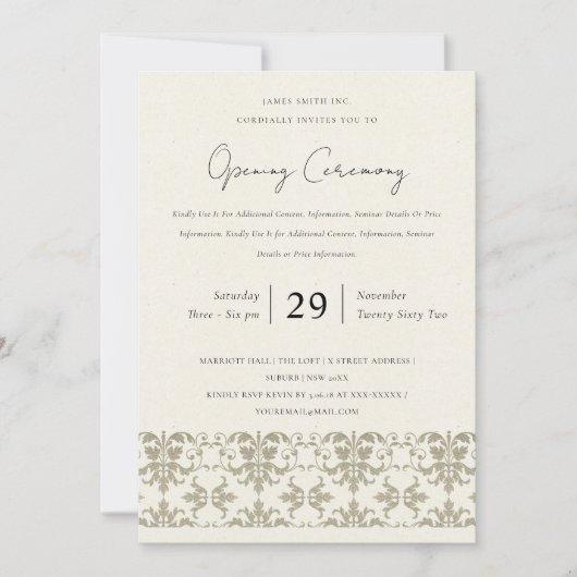 FORMELE ZILVEREN DAMAST GROTE OPENINGSCEREMONIE KAART (Voorkant)