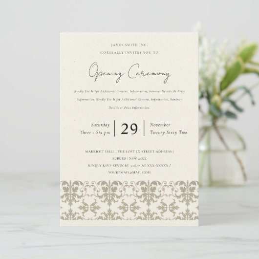 FORMELE ZILVEREN DAMAST GROTE OPENINGSCEREMONIE KAART (Staand voorkant)