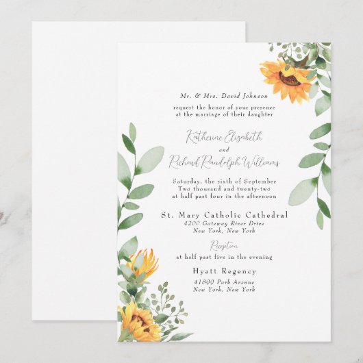 Formele Zonnebloem bruiloft bruid ouders vermeld Kaart (Voorkant / Achterkant)