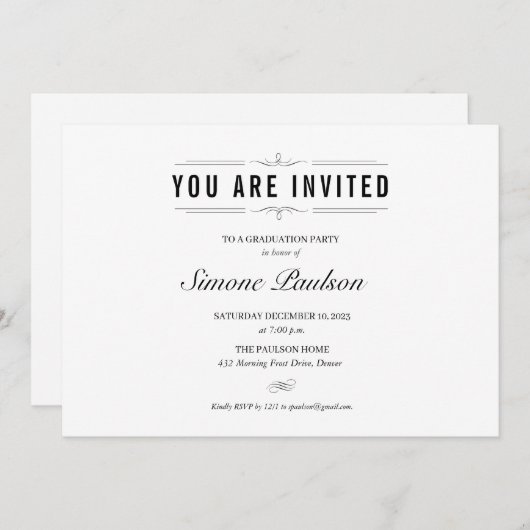 Formele zwart-wit afstudeerfeest kaart (Voorkant / Achterkant)