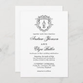 Formele Zwart & Wit Blad Crest Monogram Bruiloft Kaart (Voorkant / Achterkant)