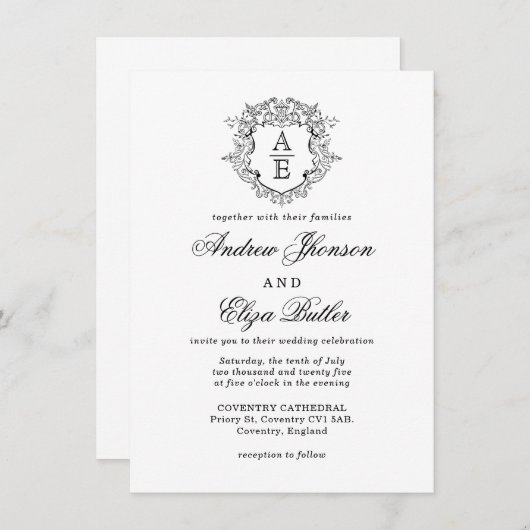 Formele Zwart & Wit Blad Crest Monogram Bruiloft Kaart (Voorkant / Achterkant)