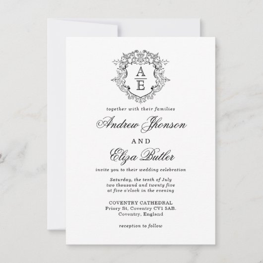 Formele Zwart & Wit Blad Crest Monogram Bruiloft Kaart (Voorkant)