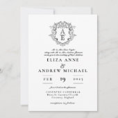 Formele Zwart & Wit Blad Crest Monogram Bruiloft Kaart (Voorkant)