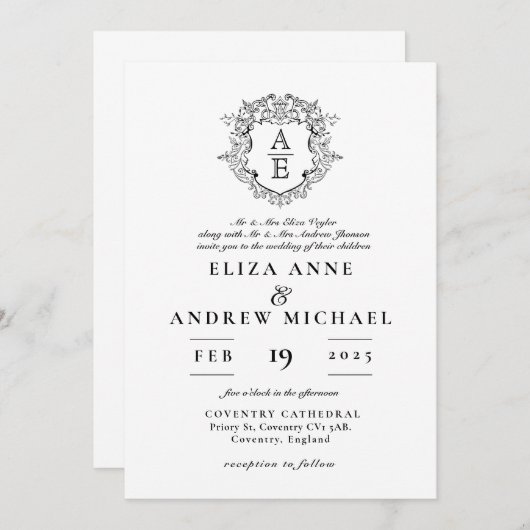 Formele Zwart & Wit Blad Crest Monogram Bruiloft Kaart (Voorkant / Achterkant)