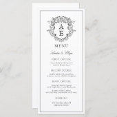 Formele Zwart & Wit Blad Crest Monogram Bruiloft Menu (Voorkant / Achterkant)
