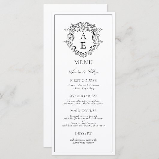 Formele Zwart & Wit Blad Crest Monogram Bruiloft Menu (Voorkant / Achterkant)