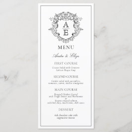 Formele Zwart & Wit Blad Crest Monogram Bruiloft Menu