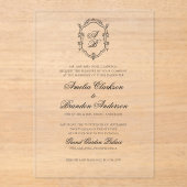 Formele Zwart & Wit Bloemen Monogram Crest Bruilof Acryl Uitnodigingen (Voorkant)