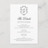 Formele Zwart & Wit Bloemen Monogram Crest Bruilof Informatiekaartje (Voorkant)