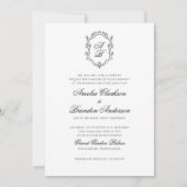 Formele Zwart & Wit Bloemen Monogram Crest Bruilof Kaart (Voorkant)