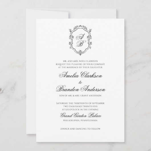 Formele Zwart & Wit Bloemen Monogram Crest Bruilof Kaart (Voorkant)