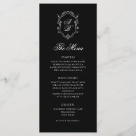 Formele Zwart & Wit Bloemen Monogram Crest Bruilof Menu