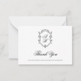 Formele Zwart & Wit Bloemen Monogram Crest Bruilof Notitiekaartje